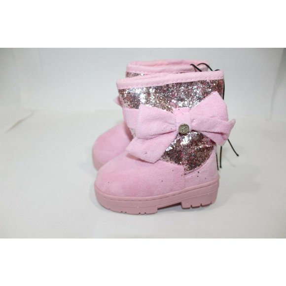Toddler Girls Winter Boots Pink Faux Suede with Glitter & Bow Size 5 - Picture 3 of 7